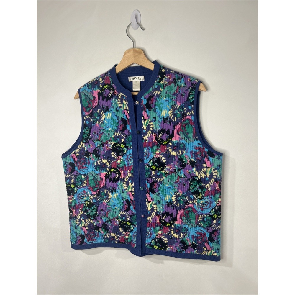 Orvis Womens Quilted Vest Hidden Buttons/Knots Size XL, Floral Multi-Colored